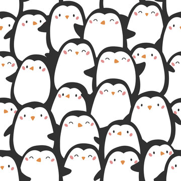 Seamless pattern with cute penguins. Funny cartoon animals. Hand drawn doodle birds. Winter vector illustration.