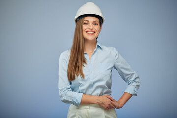 Woman wearing protect helmet. Isolated female portrait.