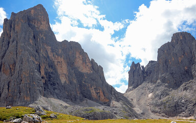 panorama of the Dolomites in Alps of the mountain range called Pale di San Martino or Pala Group in Italy