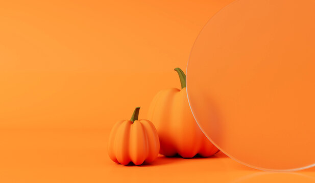 Halloween autumn background. orange pumpkins with a blank frosted glass banner. 3D Rendering