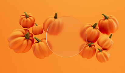 Halloween autumn background. orange pumpkins with a blank frosted glass banner. 3D Rendering