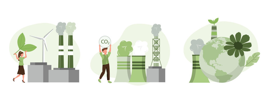 Sustainability illustration set. Coal power station producing CO2 emission pollution and sustainable clean factory with renewable energy. Climate change concept. Vector illustration.