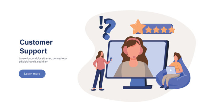 Customer support. Characters talking with helpdesk or call center operator and leaving positive feedback. User experience concept. Vector illustration.