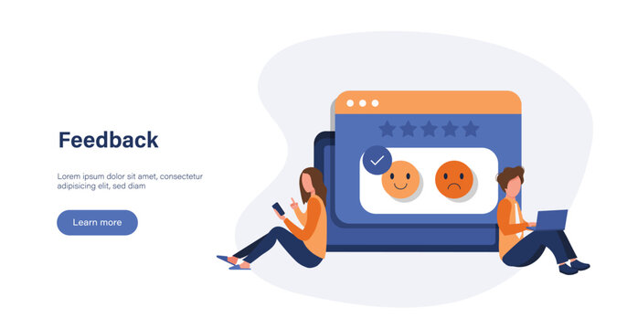 Feedback and review. Characters choosing emoji to show positive, negative or neutral satisfaction rating. Customer service and user experience concept. Vector illustration.