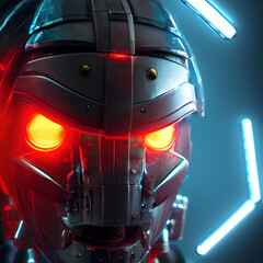 Fototapeta premium In the high-tech cyberpunk world, robots are a common sight. This robot is sleek and futuristic, with sharp angles and bright lights. It's menacing look is matched by it's advanced features and capabi