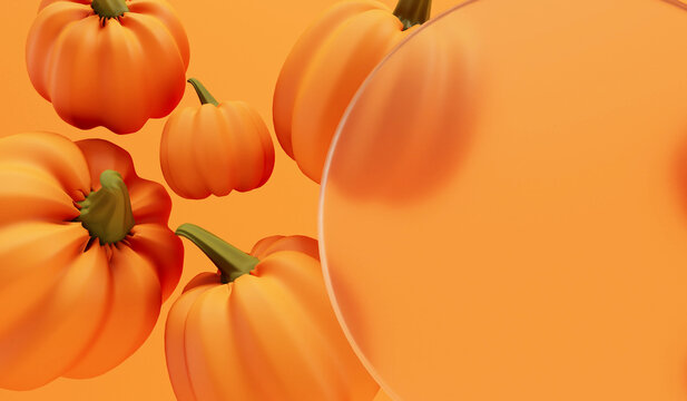 Halloween autumn background. orange pumpkins with a blank frosted glass banner. 3D Rendering