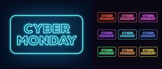 Outline neon Cyber Monday text with frame. Glowing neon Cyber Monday tag for online sale, promo text for social media