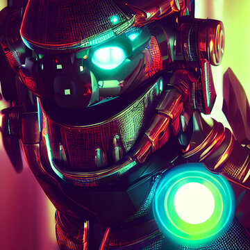 A high-tech cyberpunk robot stands in the middle of a room, its red eyes glowing brightly. Its metal body is sleek and shiny, and it has various wires and cables running from its head. It looks like i