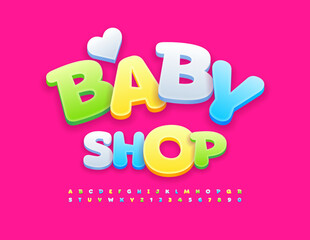 Vector cute emblem Baby Shop with decorative Heart. Funny bright Font. Comic Alphabet Letters and Numbers set