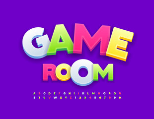 Vector funny Emblem Game Room. Colorful Kids Font. Creative 3D Alphabet Letters and Numbers set