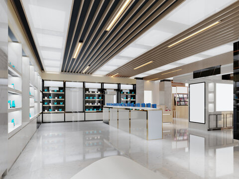 Interior design of a perfumery and cosmetics store in white and black with golden elements.