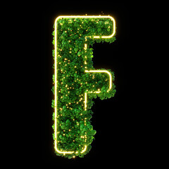 3d alphabet letter F. Green plant, glowing neon leaves, grass, moss, basil, mint. Isolated on black background with Clipping Path. 3d illustration.