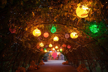 Obraz premium The arch is decorated with glowing pumpkins for Halloween.