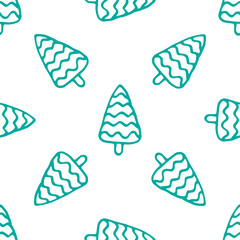 blue Christmas tree pattern for Christmas. Seamless turquoise contour pattern of a triangular Christmas tree, made in the style of noodles with a texture in the form of a wavy stripe for a New Year's 
