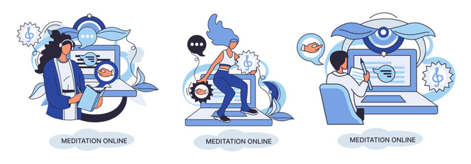 Meditation online metaphor. Classes on laptop, practicing yoga, mental exercises. Live stream, internet education. Wellness practice restore peace mind. Healthy lifestyle, clearing brain and managing