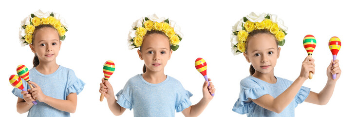Set of cute Mexican girl with maracas on white background