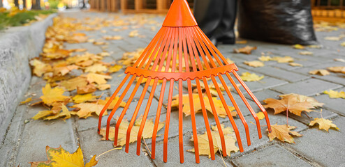 Raking of autumn leaves outdoors, closeup