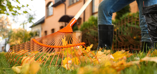 Man raking autumn leaves in park, closeup - obrazy, fototapety, plakaty