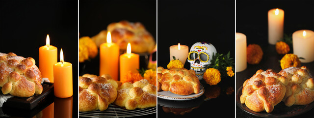 Collage with bread of the dead on dark background. Celebration of Mexico's Day of the Dead (El Dia de Muertos) - obrazy, fototapety, plakaty