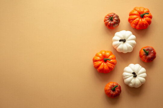 Fall autumn flat lay background. White and orange pumpkins at color layout. Autumn decorations with copy space.