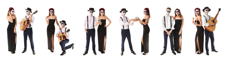 Set of young couple with painted skulls on faces against white background. Celebration of Mexico's Day of the Dead (El Dia de Muertos)