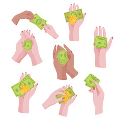 Set of hands with money. Banking operations, charity, money transfer, shopping. Credit, loan. Vector illustration of isolates on a white background.