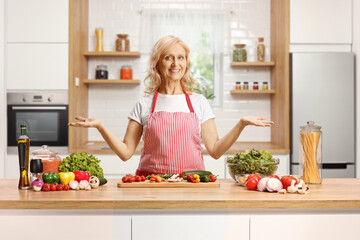 Housewife wearing an apron and standing behind a kitchen counter