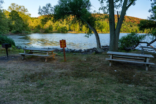 Swimming Not Permitted Sign Near Water At Rockland Lake State Park. New York. High-quality Photo