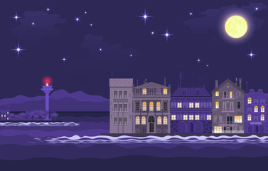 Night cityscape overlooking the embankment with a lighthouse and mansions under the moon and stars