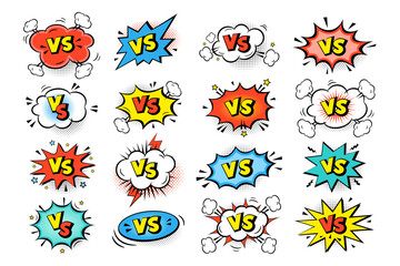 Set of colors comic speech bubbles stickers with text VS, cloud, stars, halftone on white background. Pop art vector cartoon illustration in retro style. Design for comic book, poster, banner, sticker
