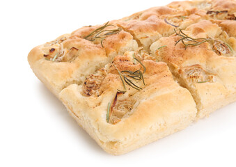 Delicious Italian focaccia isolated on white background, closeup