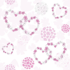 Romantic seamless pattern of pink and transparent floral hearts and circles on white background. Good for 

wedding, greeting card, bed sheets, wallpaper, packaging, fabric printing.