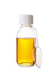 Bottle of cough syrup and spoon on white background