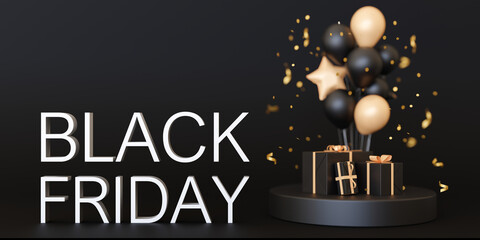 Banner with BLACK FRIDAY text, balloons and presents. White letters on black background. Special offer, good price, deal, shopping time. Black friday sale. Discount. 3d rendering.