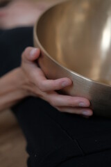 Singing copper bowl. Yoga, relaxation and meditation. Sound therapy, alternative medicine