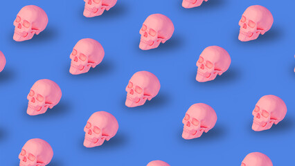 Pattern of pink skull 3d illustration 3d rendering skull scan on pastel blue background. Human scull 3d rendering. Pink death's-head on pastel colored background. Scary dead skeleton head symbol