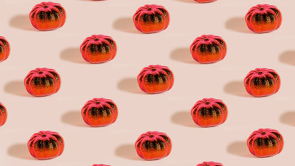 3d render of red glitter pumpkin pattern with halloween concept on pastel background. 3d rendering. Holiday decoration, Halloween concept