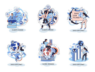 Concept of global warming, climate change, industrial emissions destroy atmosphere and air, natural disaster, deforestation, global heating, environment pollution, save planet illustrations set