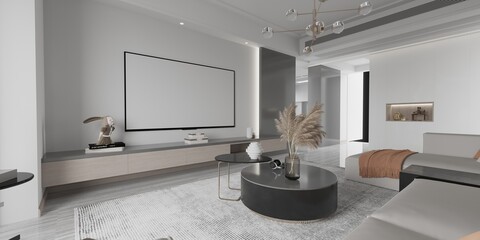 Black frame mockup in classic white interior with modern furniture, 3d render