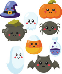 Halloween sticker set with pumpkin, bowler hat, spider, bat
