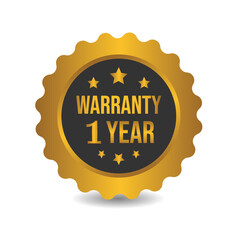 Powerful 1-year warranty badge, sign, label, and seal with red ribbon on top.