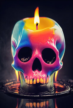 Illustration Of A Colourful Halloween Skull Candle Dripping And Melting Into Wax Puddle.