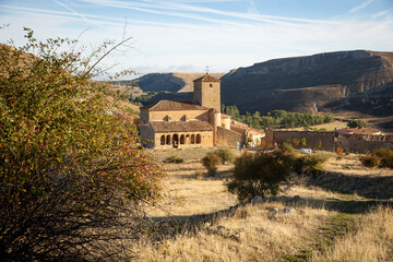 Fototapeta premium a view of Caracena village and the Saint Peter Church, Tierras del Burgo, province of Soria, Castile and León, Spain