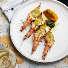 Grilled King Tiger Prawn with sauce food concept