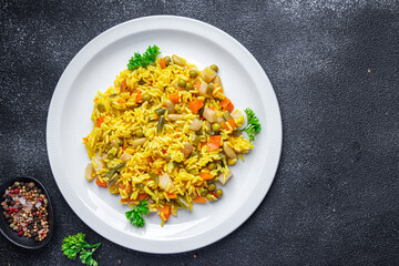 rice vegetables vegetarian pilaf without meat healthy meal food snack diet on the table copy space food background rustic top view keto or paleo diet veggie vegan or vegetarian food no meat