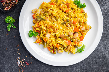 rice vegetables vegetarian pilaf without meat healthy meal food snack diet on the table copy space food background rustic top view keto or paleo diet veggie vegan or vegetarian food no meat