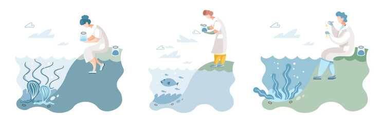 Observation of marine life in wild in order to study and protect them, study of living conditions of wild animals. Ecological researcher conducts experiments ichthyologist analyzing fish in sea