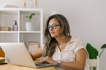 Mature woman having online meeting via laptop at home
