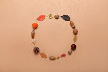 Round frame made of natural forest decor on color background