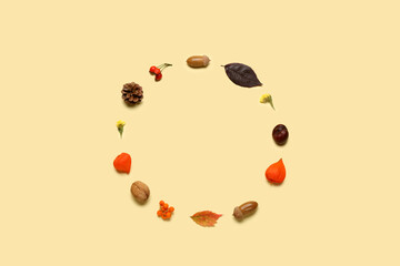 Round frame made of natural forest decor on color background